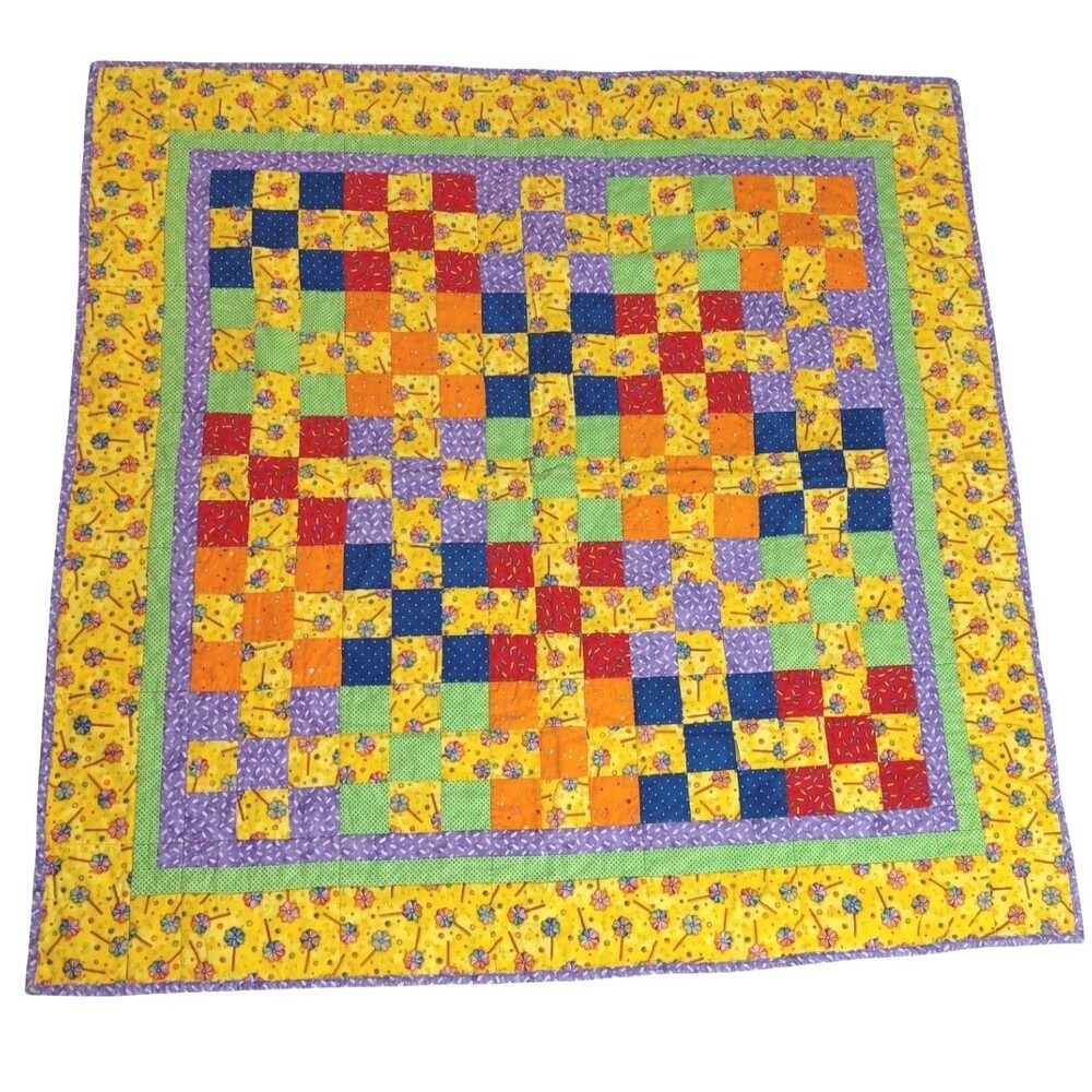 Handmade Baby Lap Picnic Wall Quilt Bright Summer Pinwheel Cotton Yellow Green